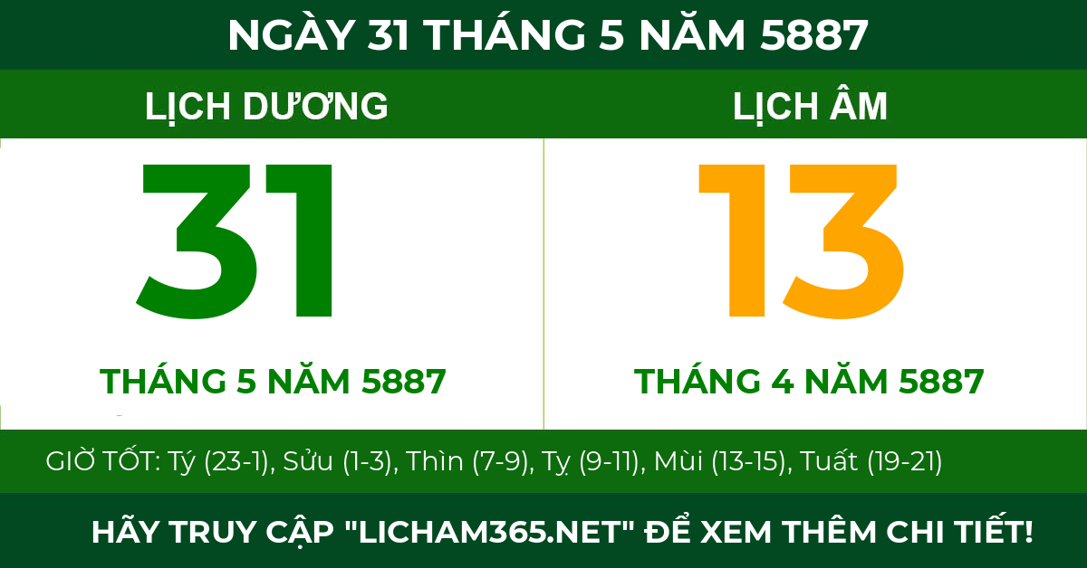 lịch âm ngày 31 tháng 5 năm 5887