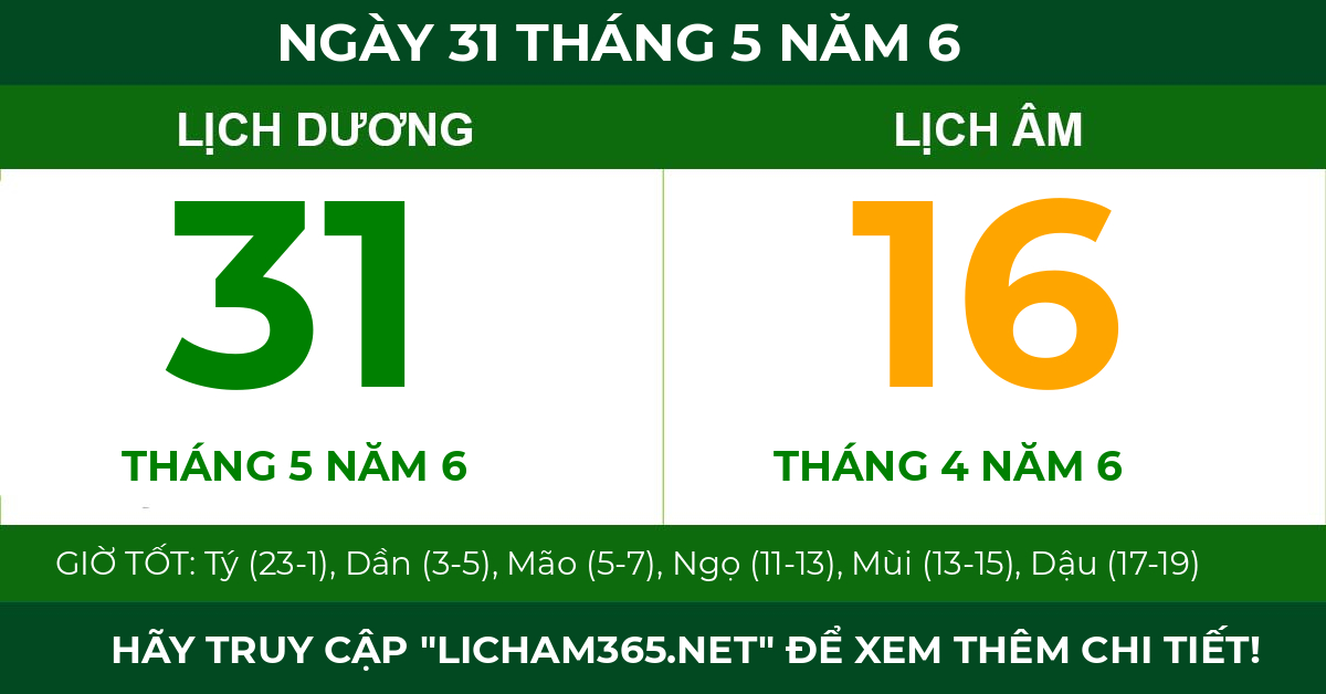 lịch âm ngày 31 tháng 5 năm 6