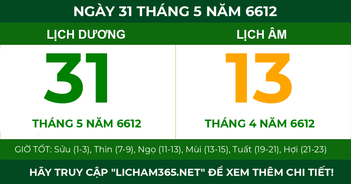 lịch âm ngày 31 tháng 5 năm 6612