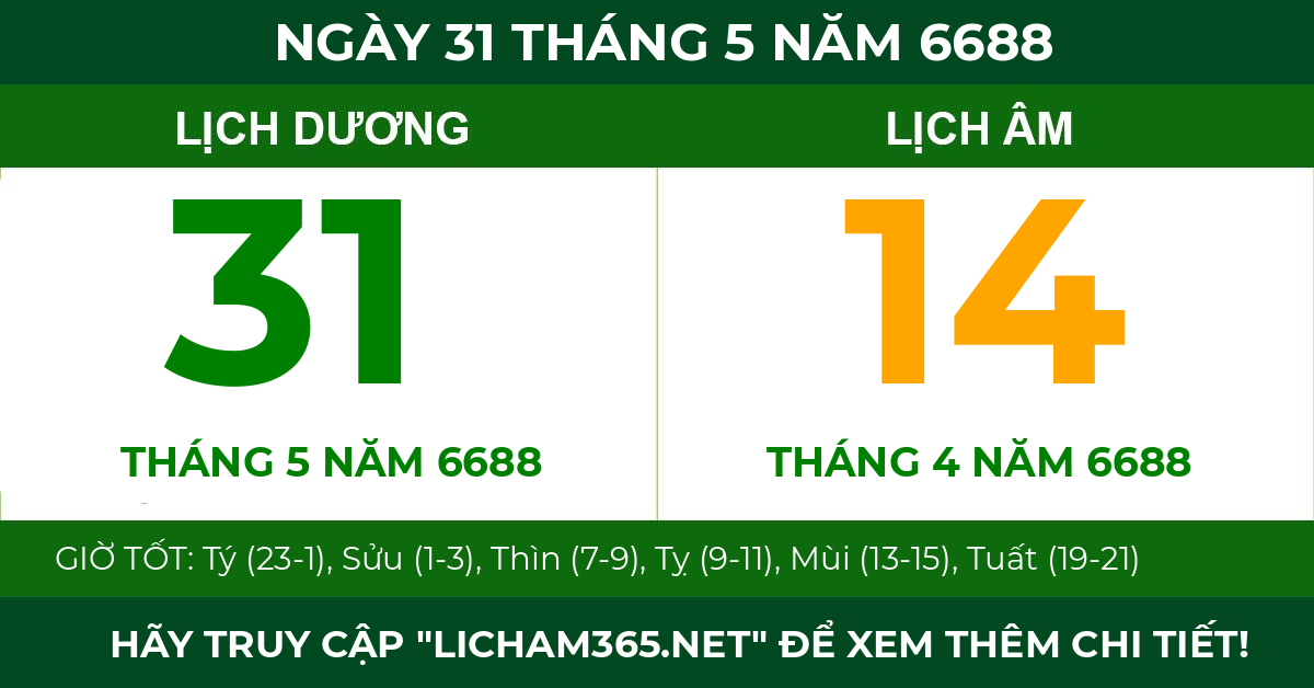 lịch âm ngày 31 tháng 5 năm 6688