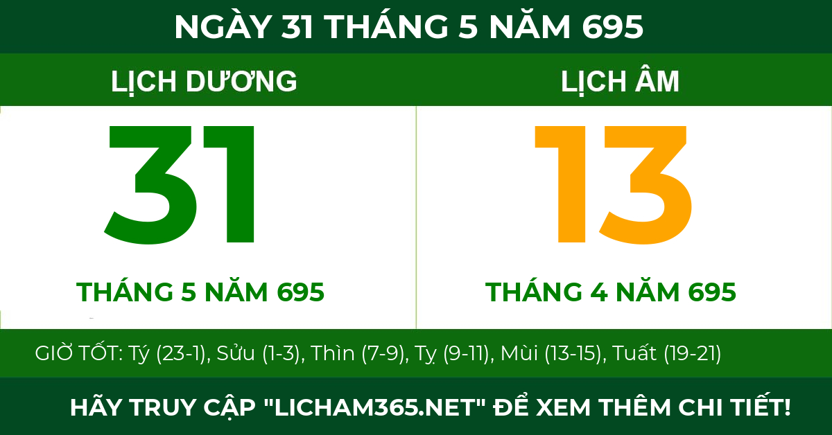 lịch âm ngày 31 tháng 5 năm 695