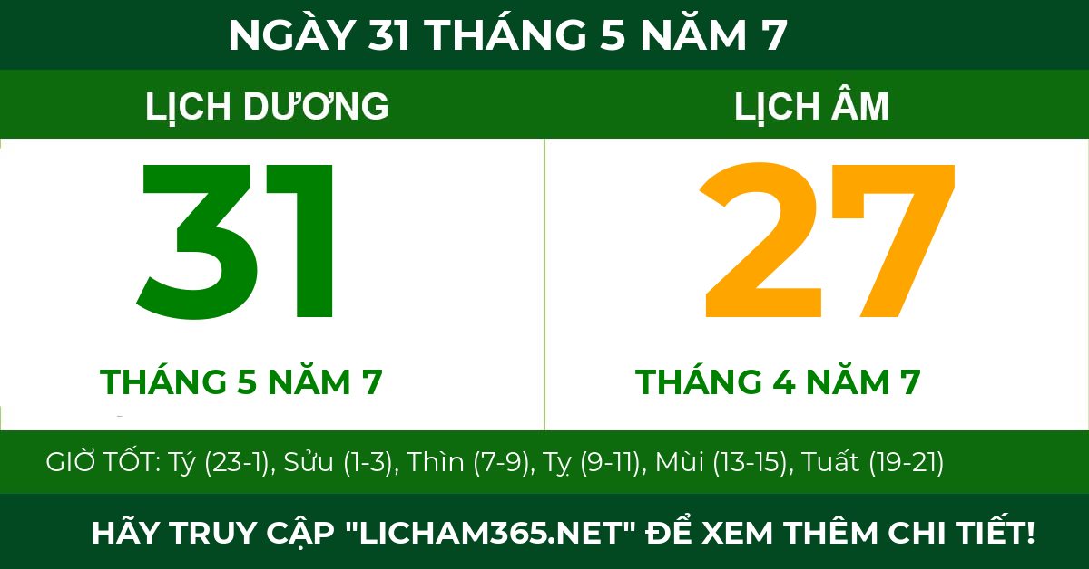 lịch âm ngày 31 tháng 5 năm 7