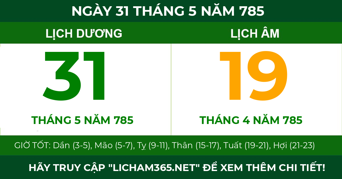 lịch âm ngày 31 tháng 5 năm 785