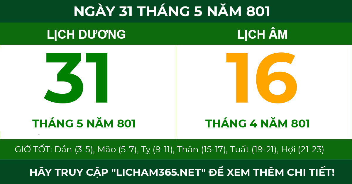lịch âm ngày 31 tháng 5 năm 801