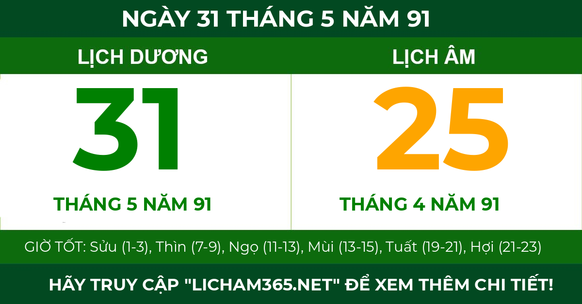 lịch âm ngày 31 tháng 5 năm 91