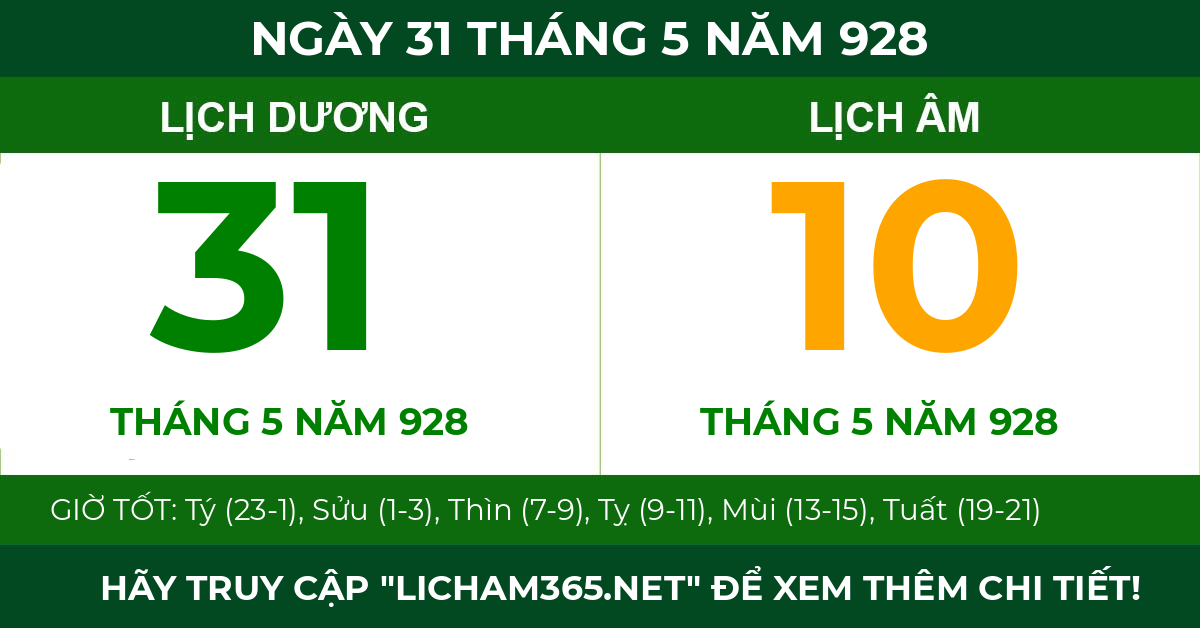 lịch âm ngày 31 tháng 5 năm 928