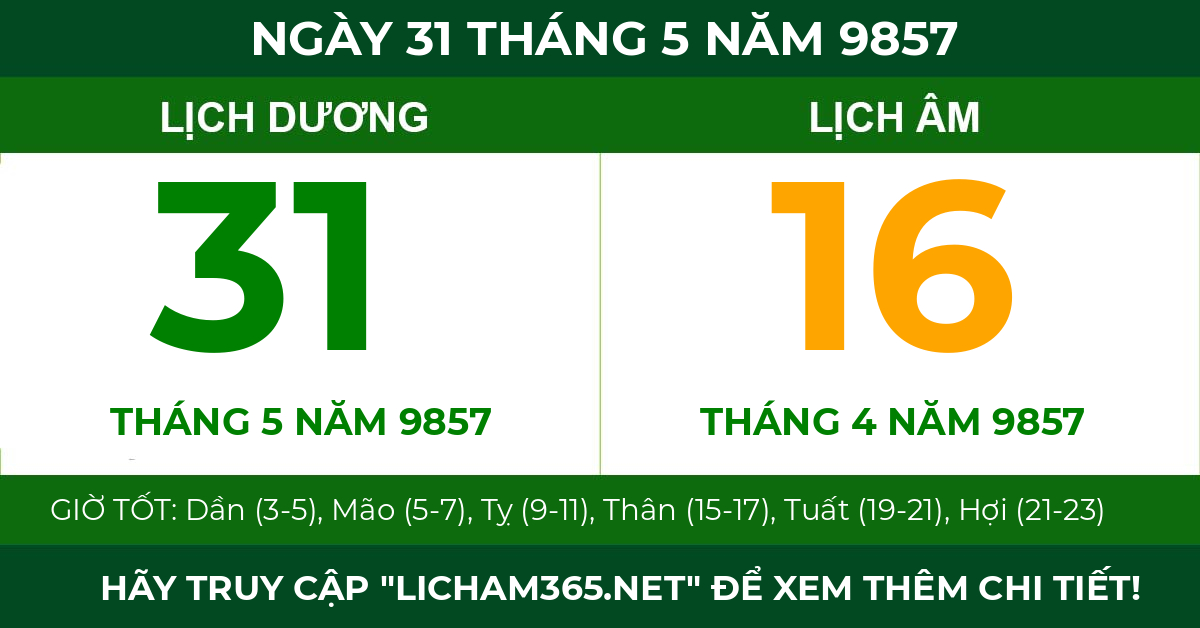 lịch âm ngày 31 tháng 5 năm 9857