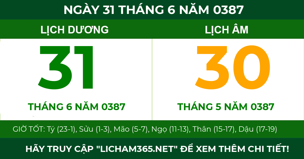 lịch âm ngày 31 tháng 6 năm 0387