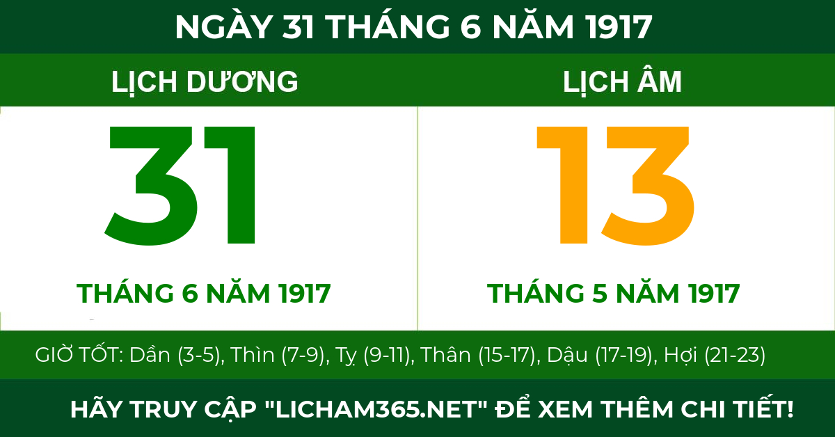 lịch âm ngày 31 tháng 6 năm 1917