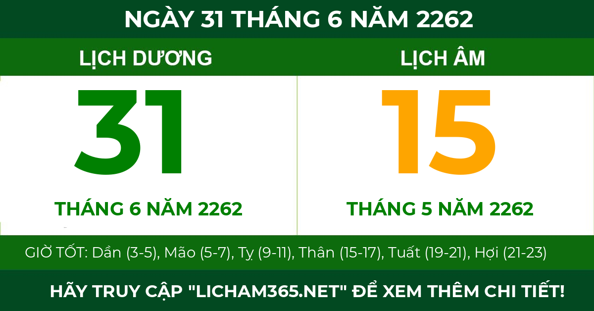 lịch âm ngày 31 tháng 6 năm 2262