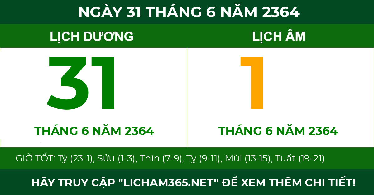 lịch âm ngày 31 tháng 6 năm 2364
