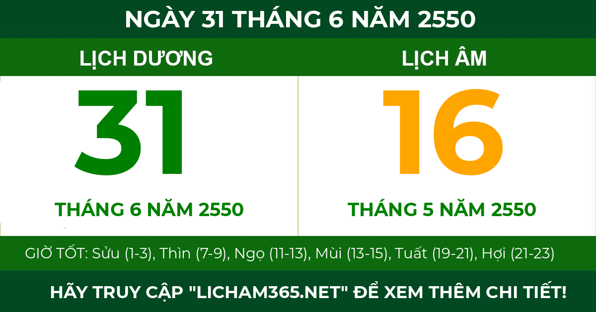 lịch âm ngày 31 tháng 6 năm 2550