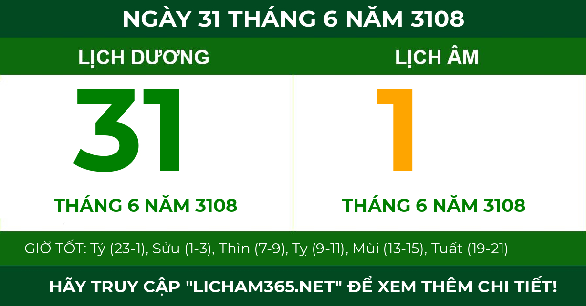 lịch âm ngày 31 tháng 6 năm 3108
