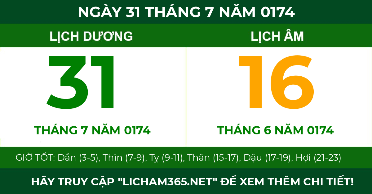 lịch âm ngày 31 tháng 7 năm 0174