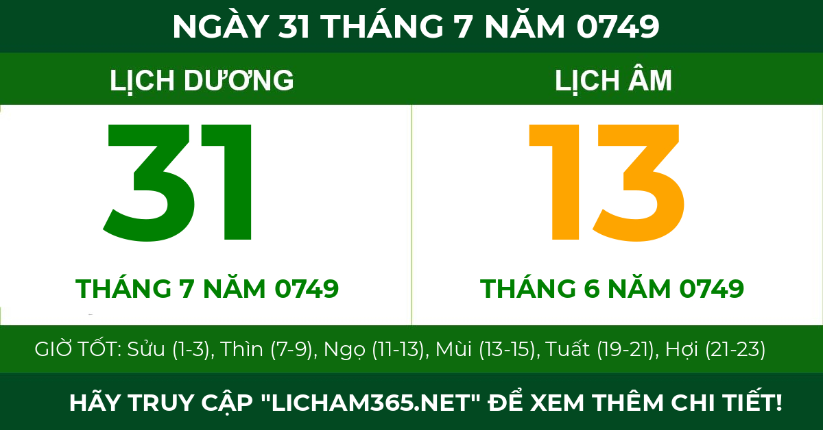 lịch âm ngày 31 tháng 7 năm 0749
