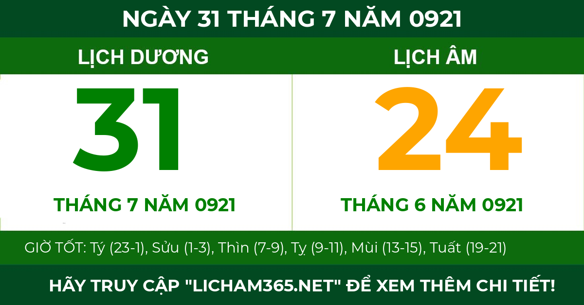 lịch âm ngày 31 tháng 7 năm 0921