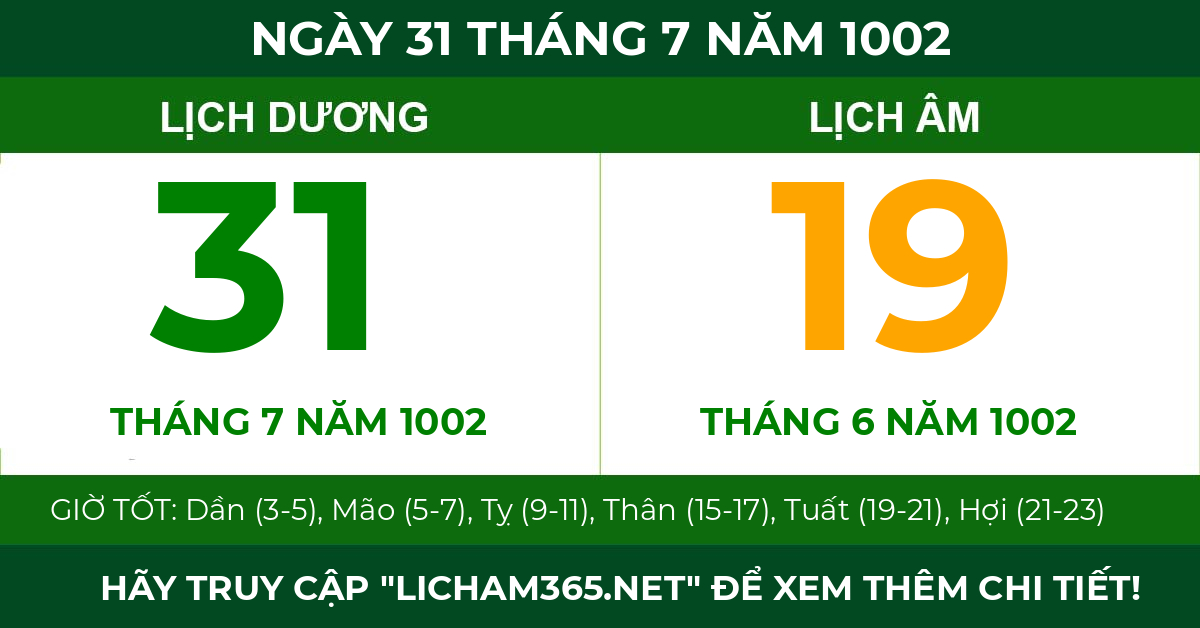 lịch âm ngày 31 tháng 7 năm 1002