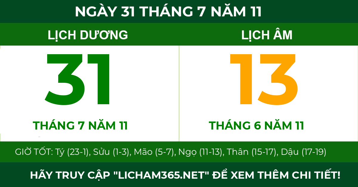 lịch âm ngày 31 tháng 7 năm 11