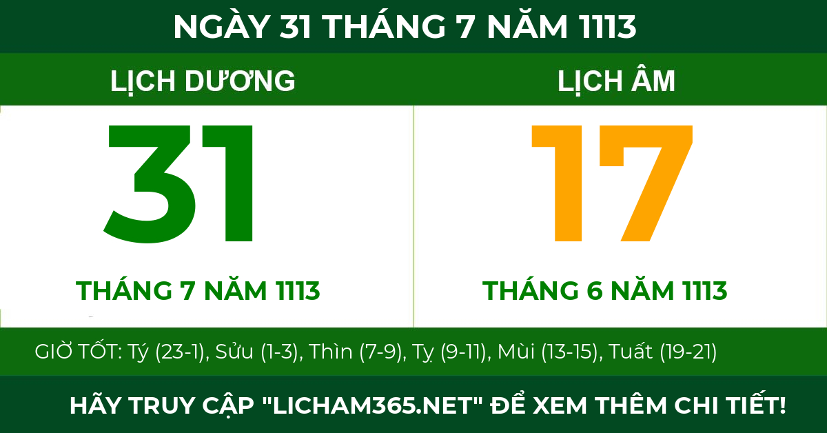 lịch âm ngày 31 tháng 7 năm 1113