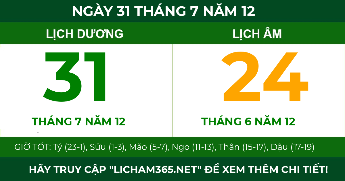 lịch âm ngày 31 tháng 7 năm 12