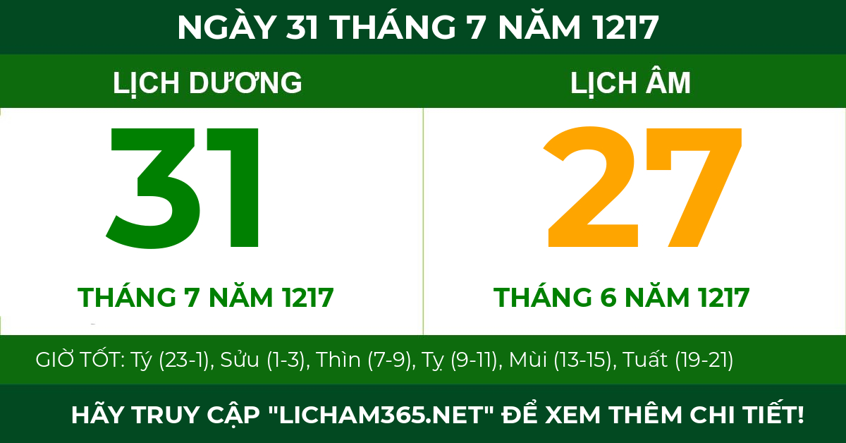 lịch âm ngày 31 tháng 7 năm 1217