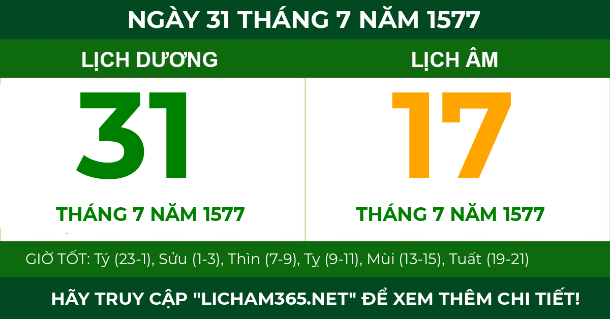 lịch âm ngày 31 tháng 7 năm 1577