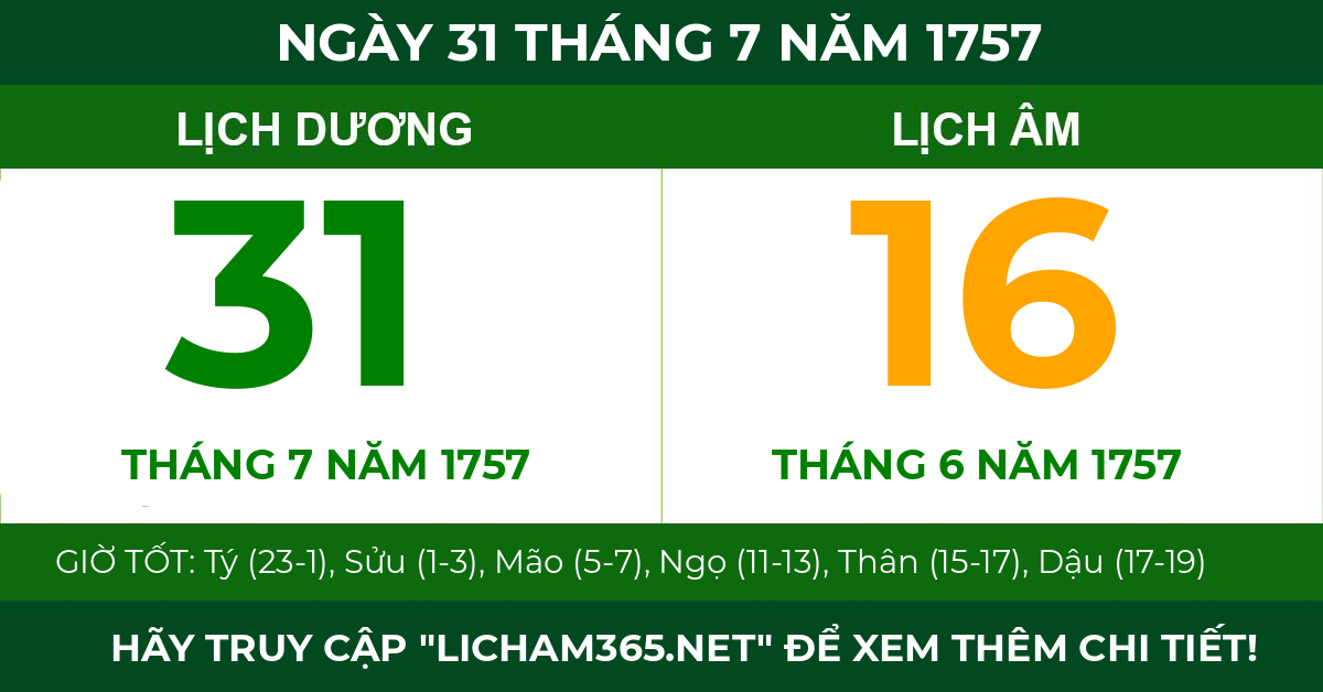 lịch âm ngày 31 tháng 7 năm 1757