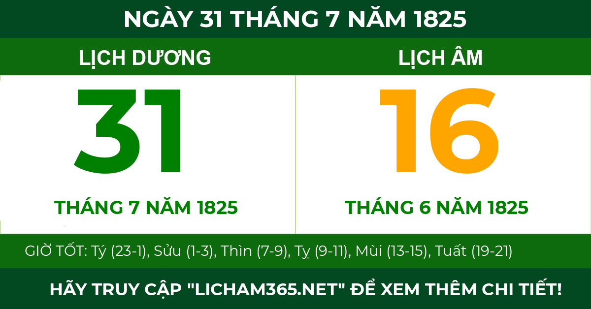 lịch âm ngày 31 tháng 7 năm 1825