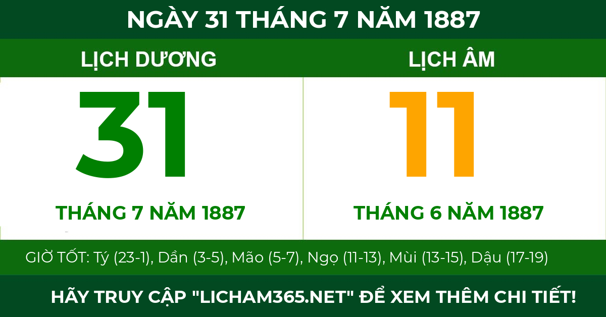 lịch âm ngày 31 tháng 7 năm 1887