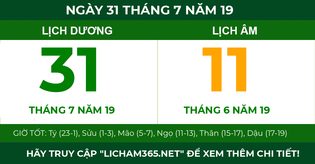 lịch âm ngày 31 tháng 7 năm 19