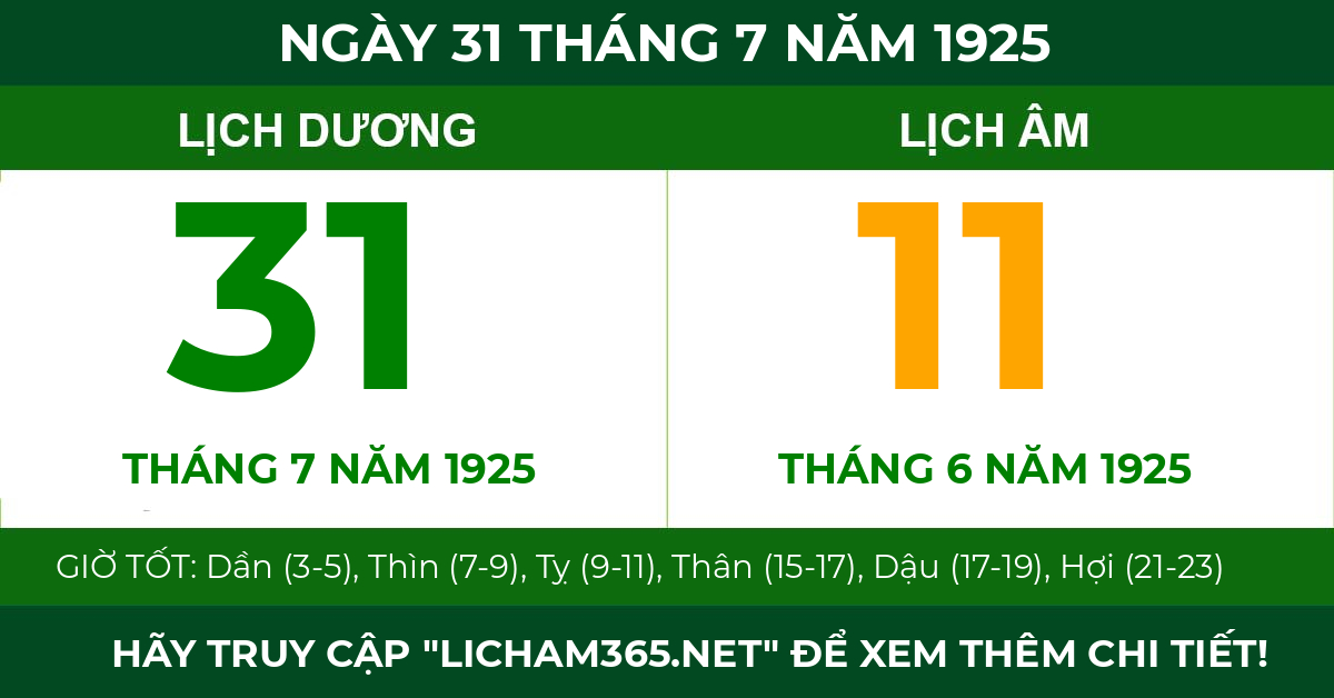 lịch âm ngày 31 tháng 7 năm 1925