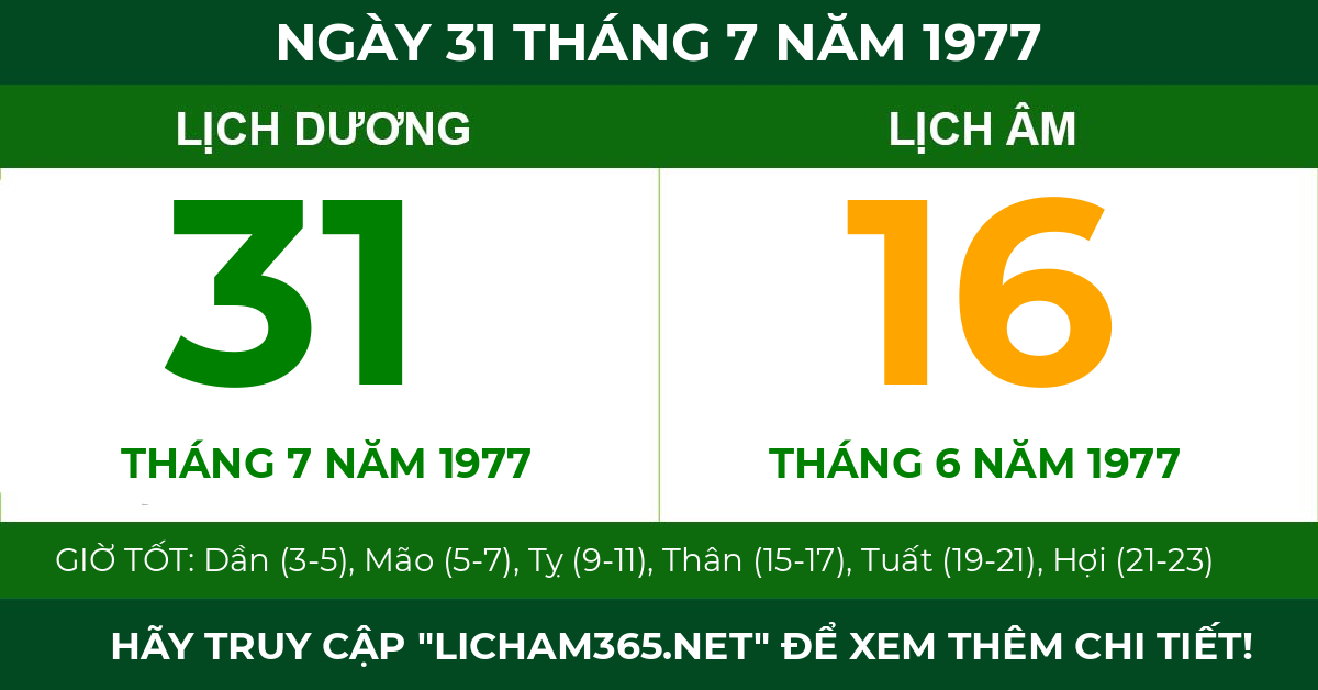 lịch âm ngày 31 tháng 7 năm 1977