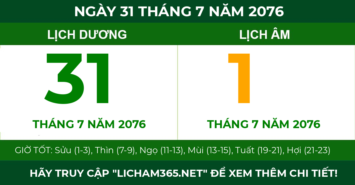 lịch âm ngày 31 tháng 7 năm 2076