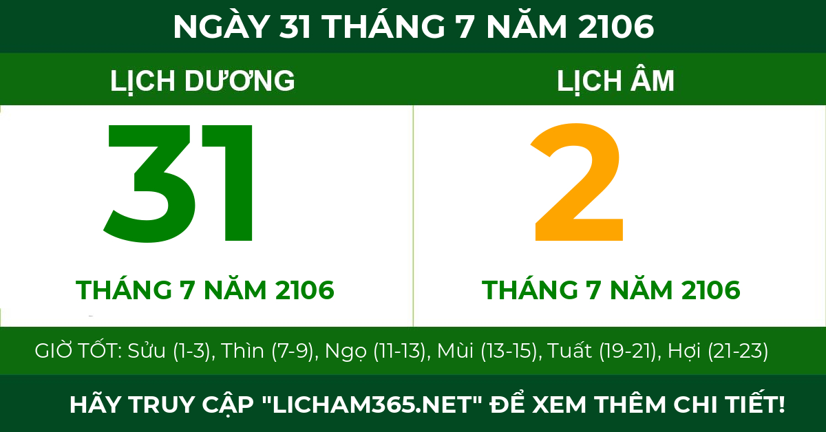 lịch âm ngày 31 tháng 7 năm 2106