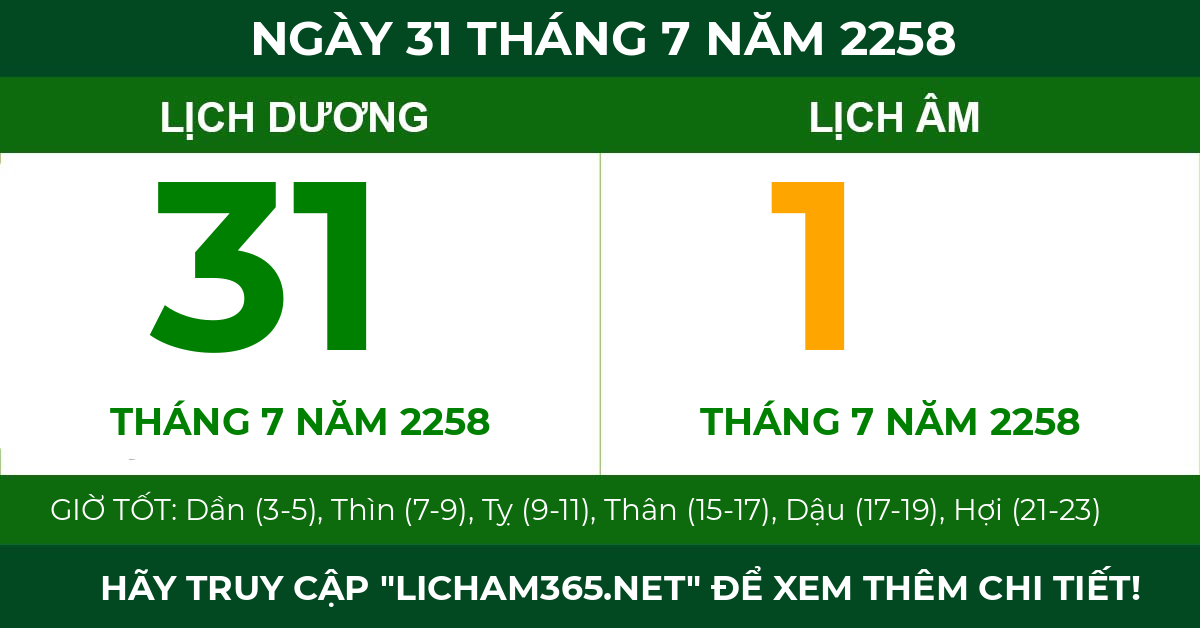 lịch âm ngày 31 tháng 7 năm 2258