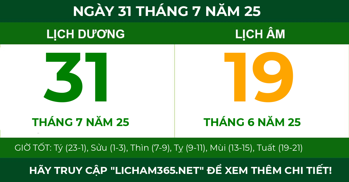 lịch âm ngày 31 tháng 7 năm 25