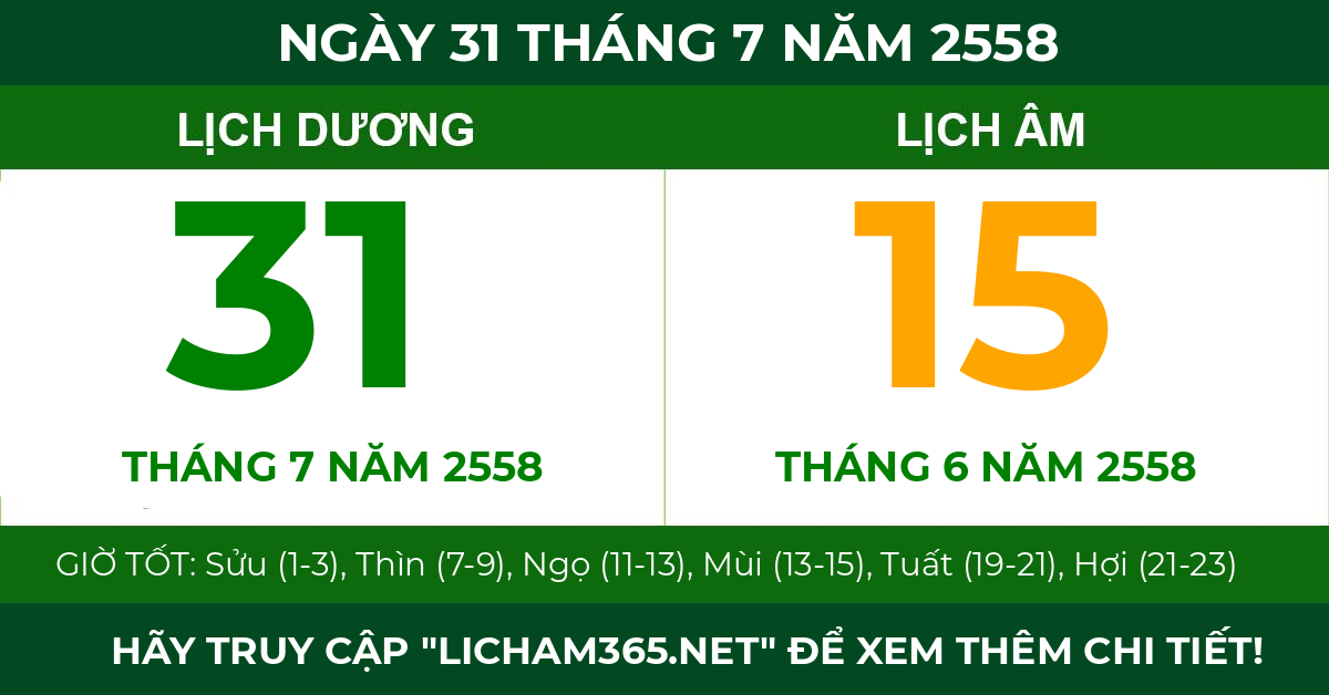lịch âm ngày 31 tháng 7 năm 2558
