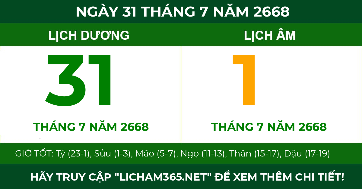 lịch âm ngày 31 tháng 7 năm 2668