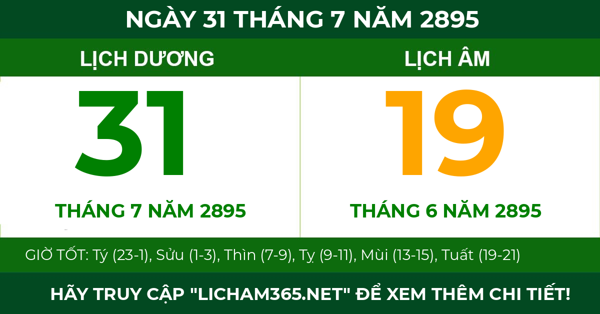 lịch âm ngày 31 tháng 7 năm 2895