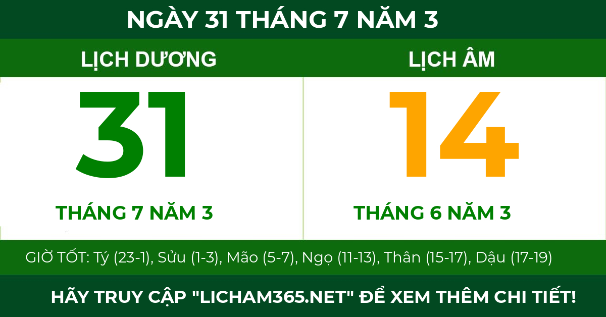 lịch âm ngày 31 tháng 7 năm 3