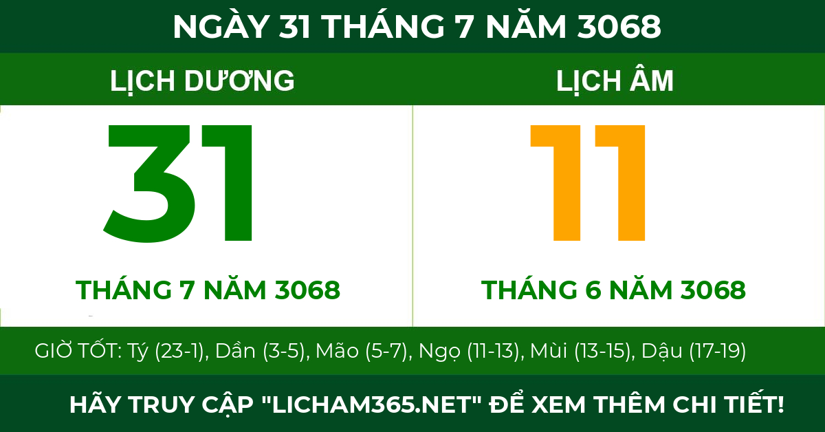 lịch âm ngày 31 tháng 7 năm 3068
