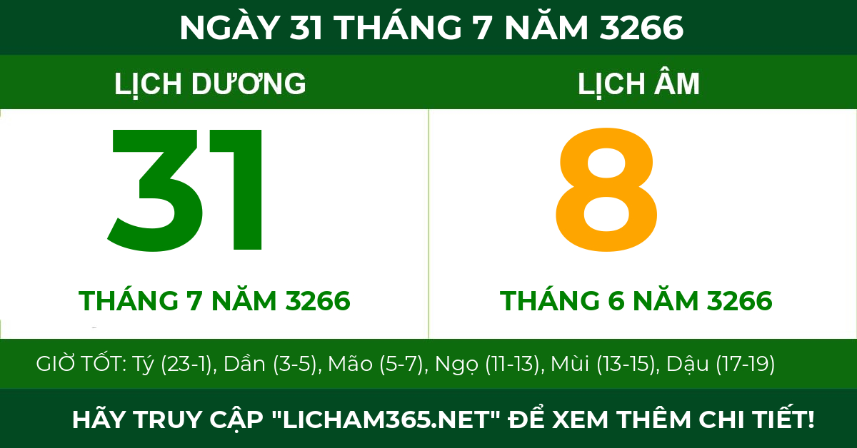 lịch âm ngày 31 tháng 7 năm 3266
