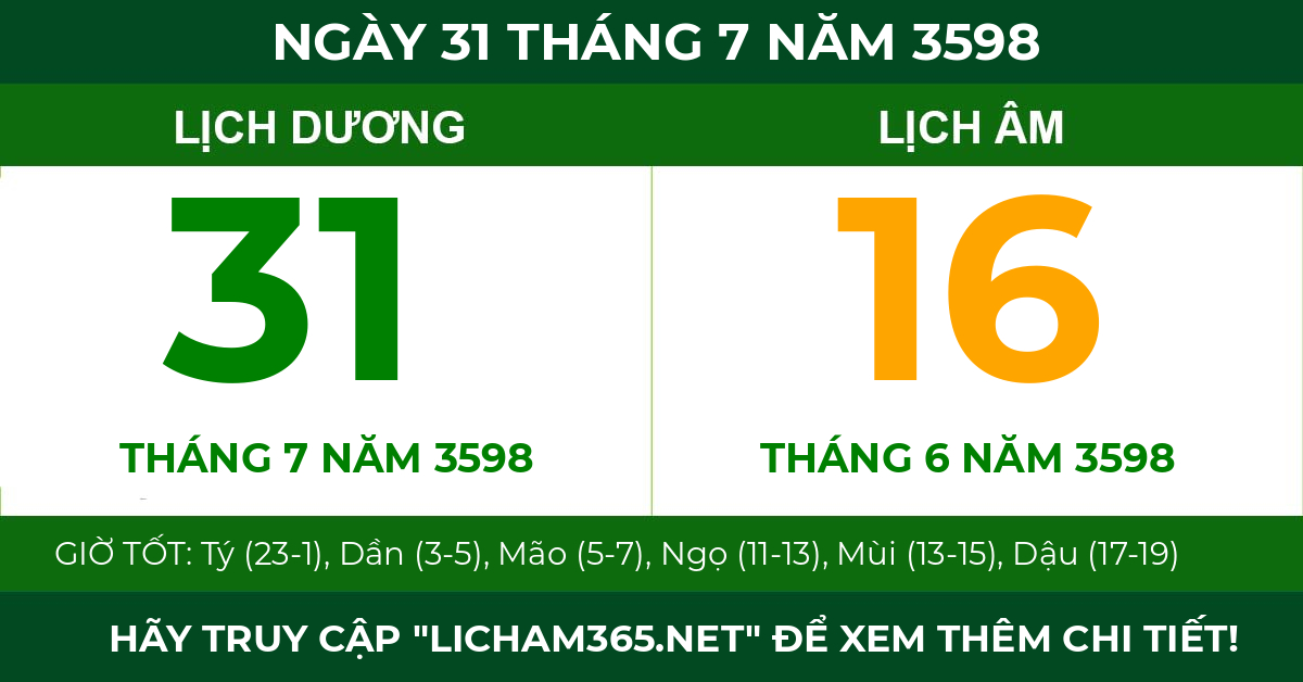 lịch âm ngày 31 tháng 7 năm 3598