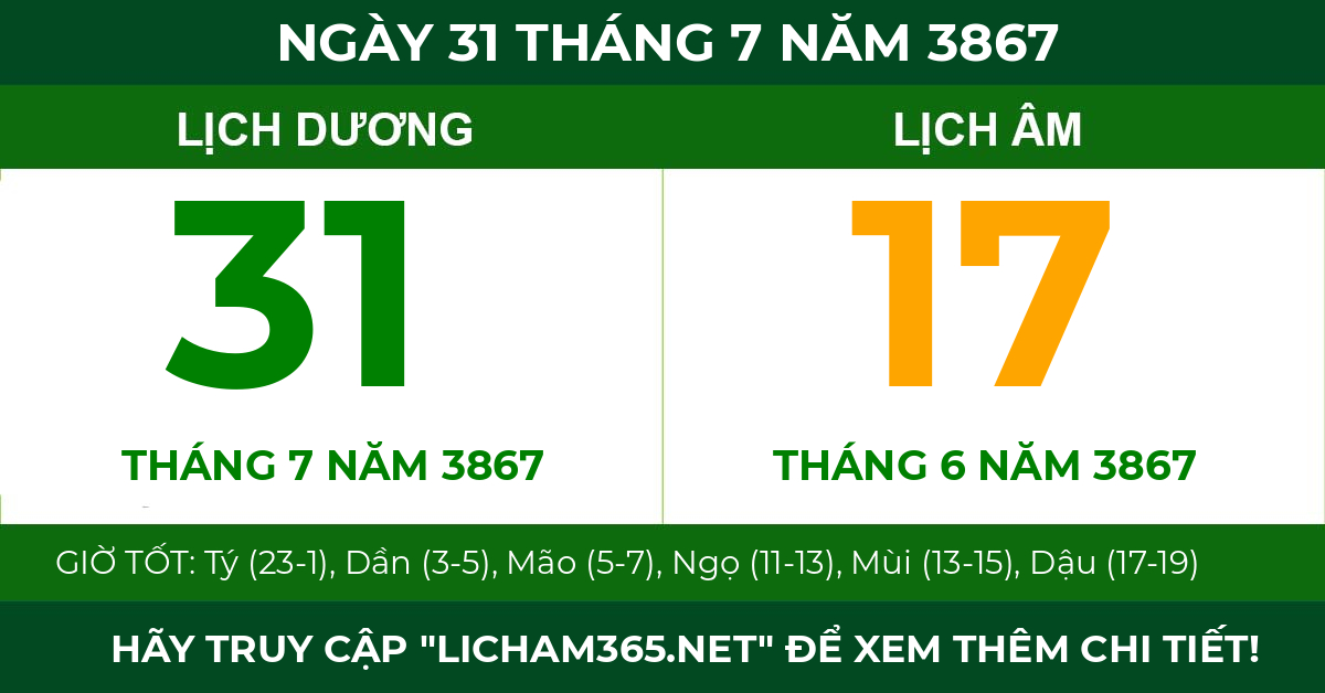 lịch âm ngày 31 tháng 7 năm 3867