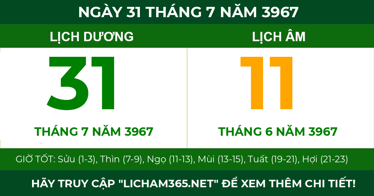lịch âm ngày 31 tháng 7 năm 3967