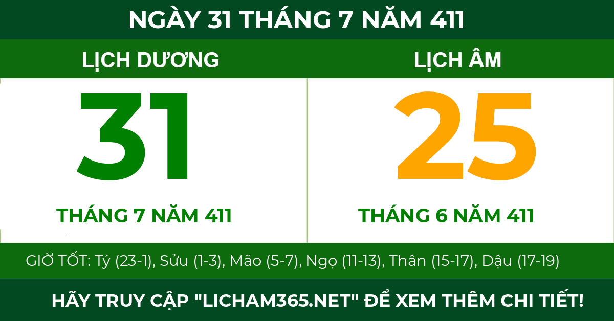 lịch âm ngày 31 tháng 7 năm 411