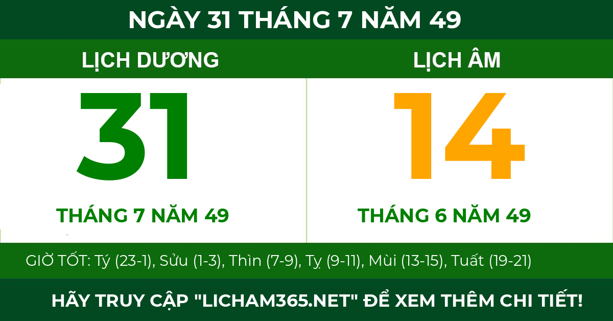lịch âm ngày 31 tháng 7 năm 49