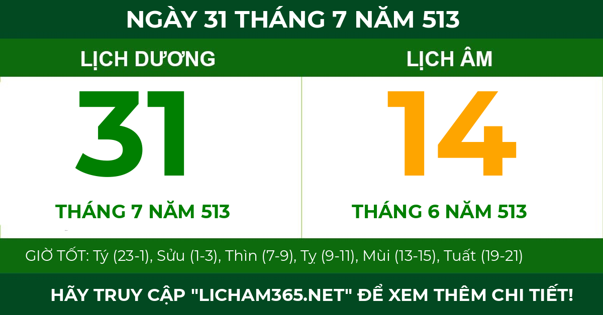 lịch âm ngày 31 tháng 7 năm 513
