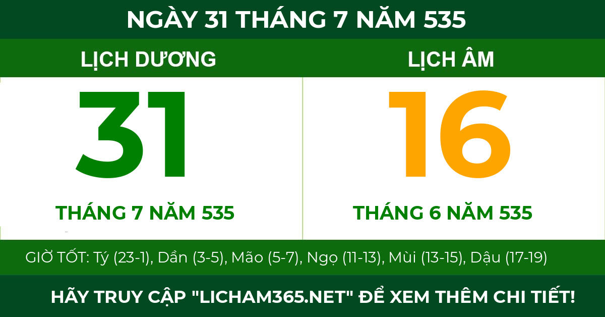 lịch âm ngày 31 tháng 7 năm 535