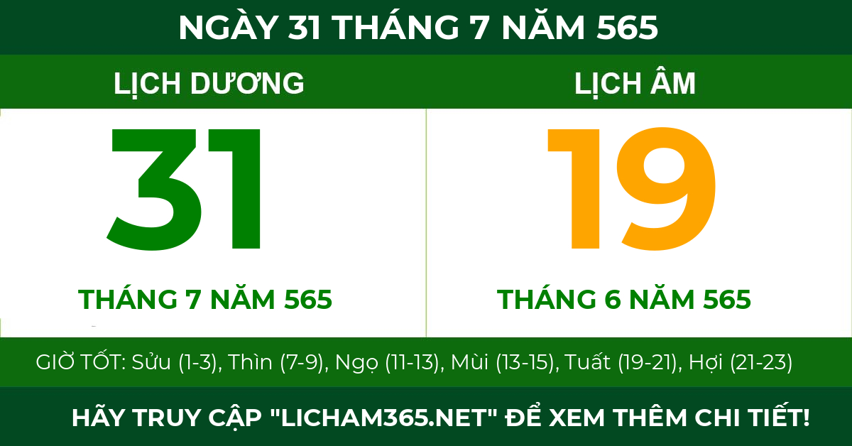 lịch âm ngày 31 tháng 7 năm 565